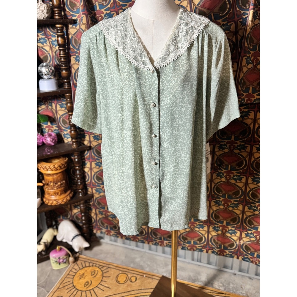 Koret Flower Market Sage Green Lace Collar Short Sleeve Blouse Womens Plus 16W